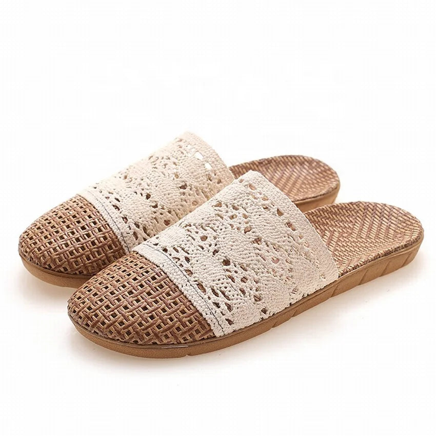 Rattan Mat and Lace Linen Slippers Women Summer Sandals