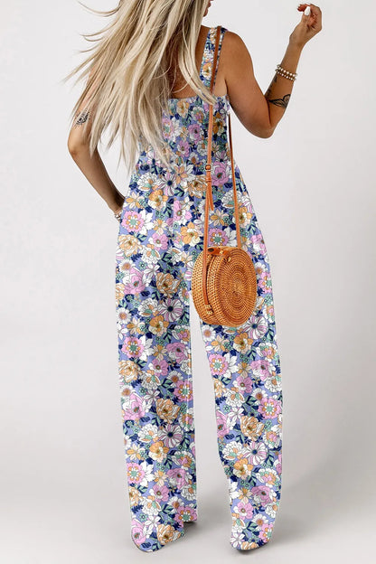 Floral Print Smocked High Waist Square Neck Jumpsuit - -