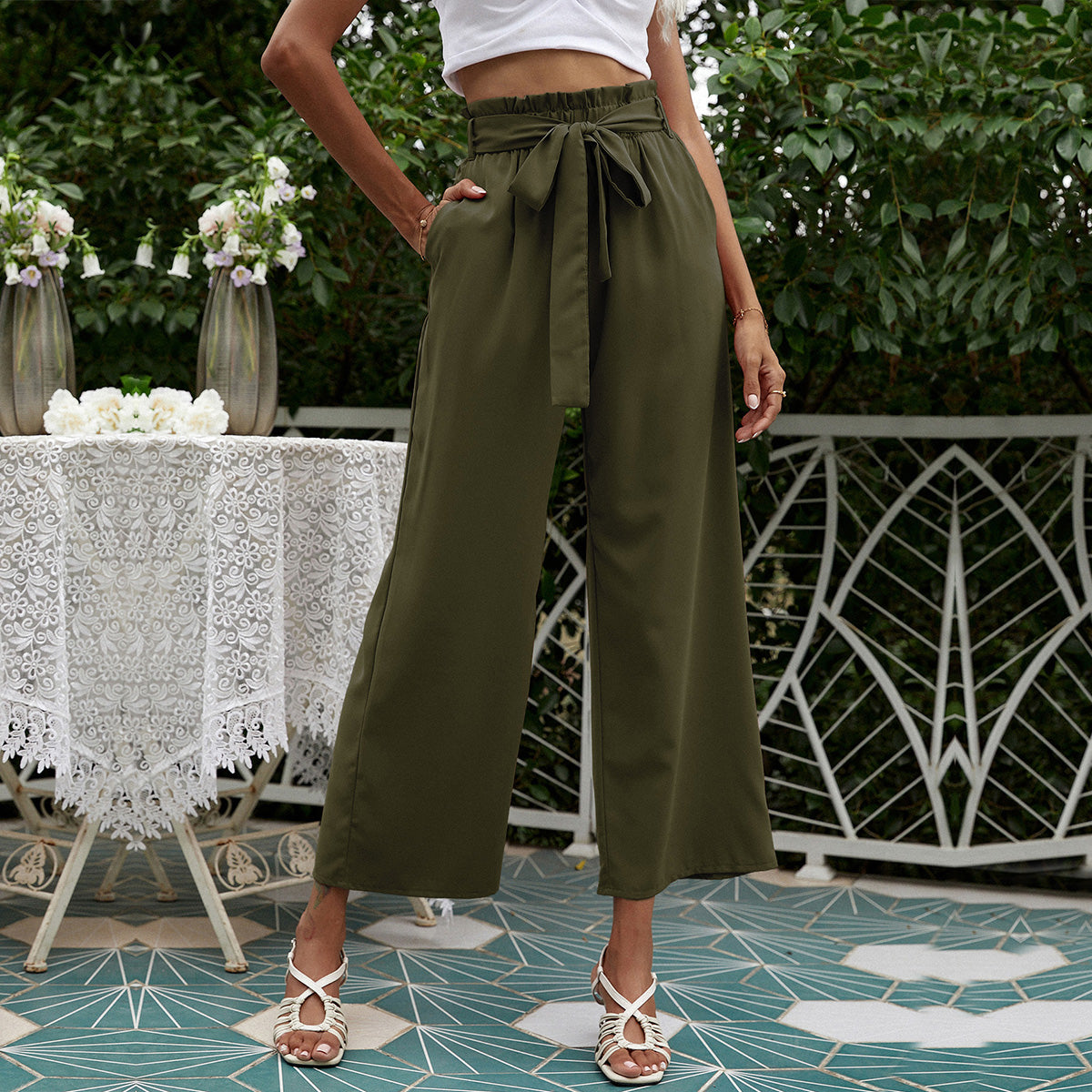 Solid Slant Pocket Belted Pant Women Trousers High Waist Casual Wide Leg Pants