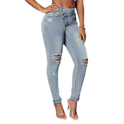 Women Casual Denim Long Pants Ladies Ripped Jeans