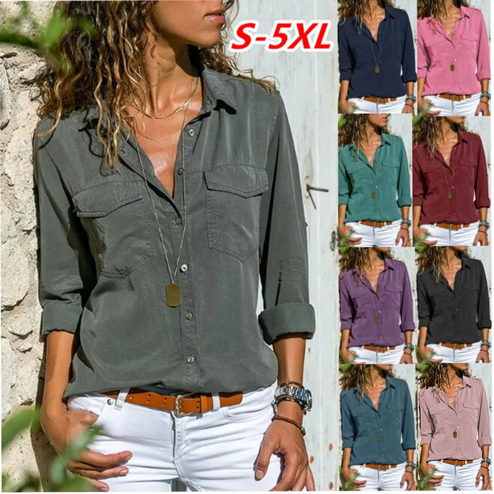 Two Pocket Womens Button Down Long Sleeve Lapel Blouse Shirt