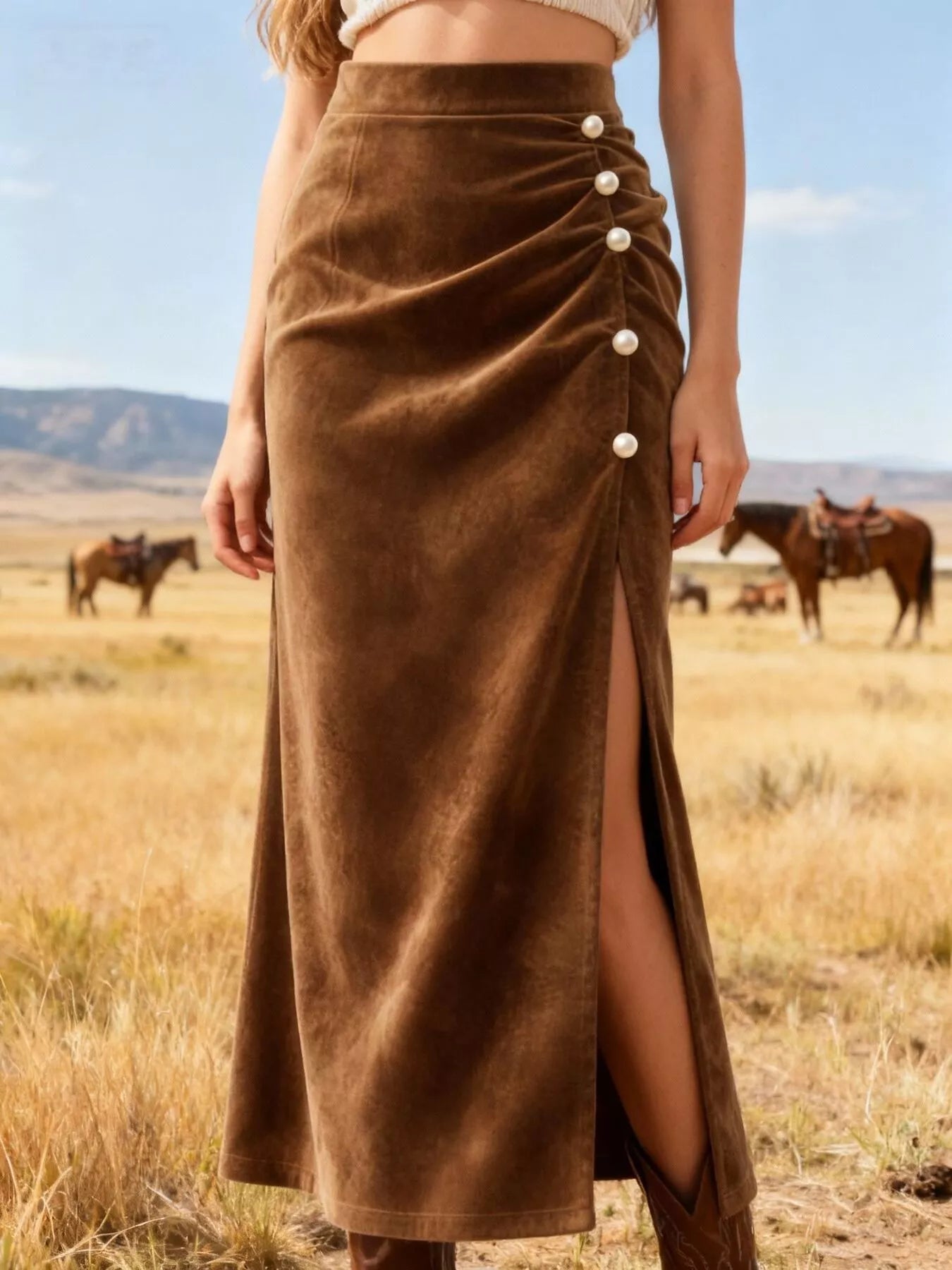 Brown Velvet Pearl Slit Skirt - - skirt