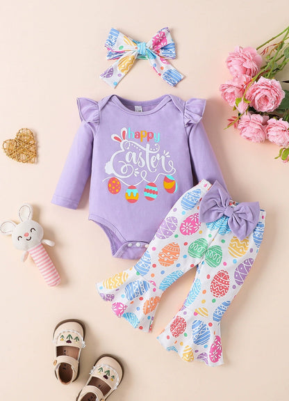Children's Ruffled Bodysuit and Pants Set with Headband - Purple -