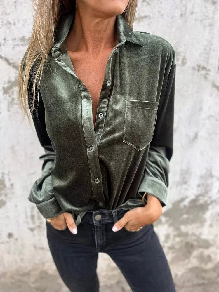 Full Size Velvet Button-Up Long Sleeve Shirt Plus Size - -