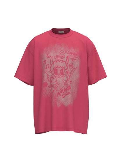 Men's Cartoon Character Graphic Oversized T-Shirt - Rose Red - T-Shirt