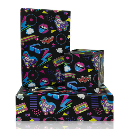 80s 90s Wrapping Paper for Boy Girl Kids Hip-Hop Graffiti Electronic Music Birthday Wrapping Paper 4 Sheets Folded Flat 28x20 inch Gift Paper for 90s 80s Neon Retro Birthday Party Black Light Party Kia Day Design