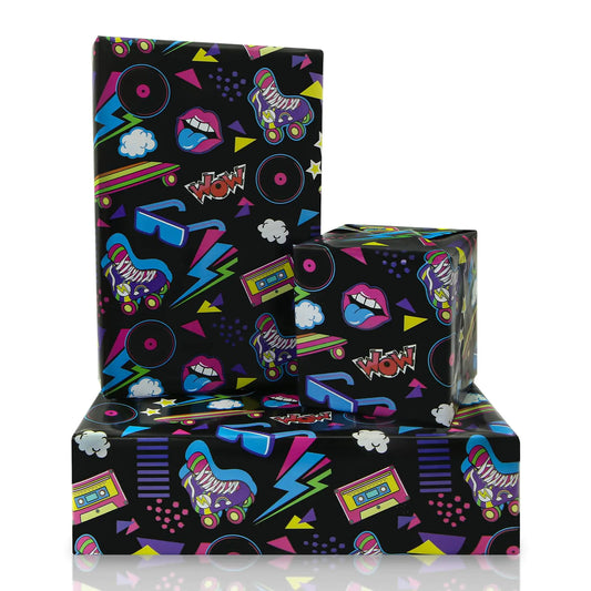 80s 90s Wrapping Paper for Boy Girl Kids Hip-Hop Graffiti Electronic Music Birthday Wrapping Paper 4 Sheets Folded Flat 28x20 inch Gift Paper for 90s 80s Neon Retro Birthday Party Black Light Party Kia Day Design
