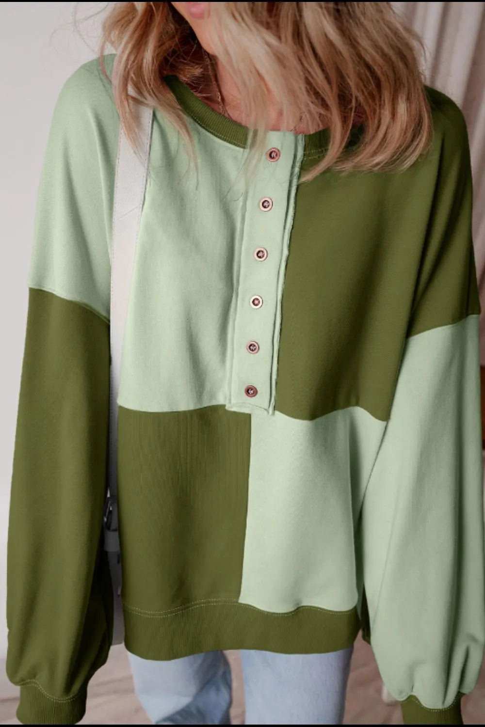 Color Block Half Button Long Sleeve Sweatshirt - -