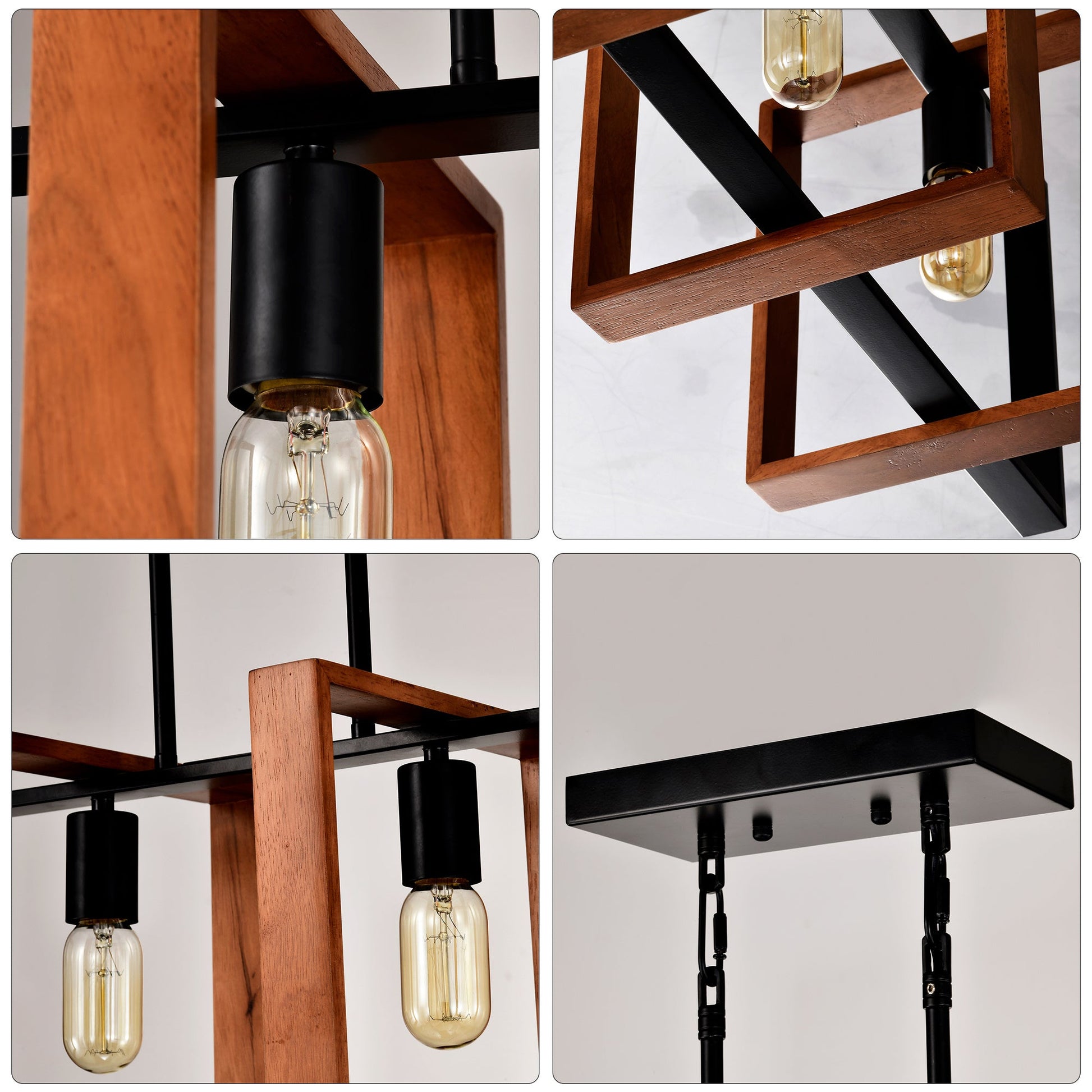 Rustic Wood And Black Metal 4-Light Kitchen Island Dining Room Light Fixture - - light