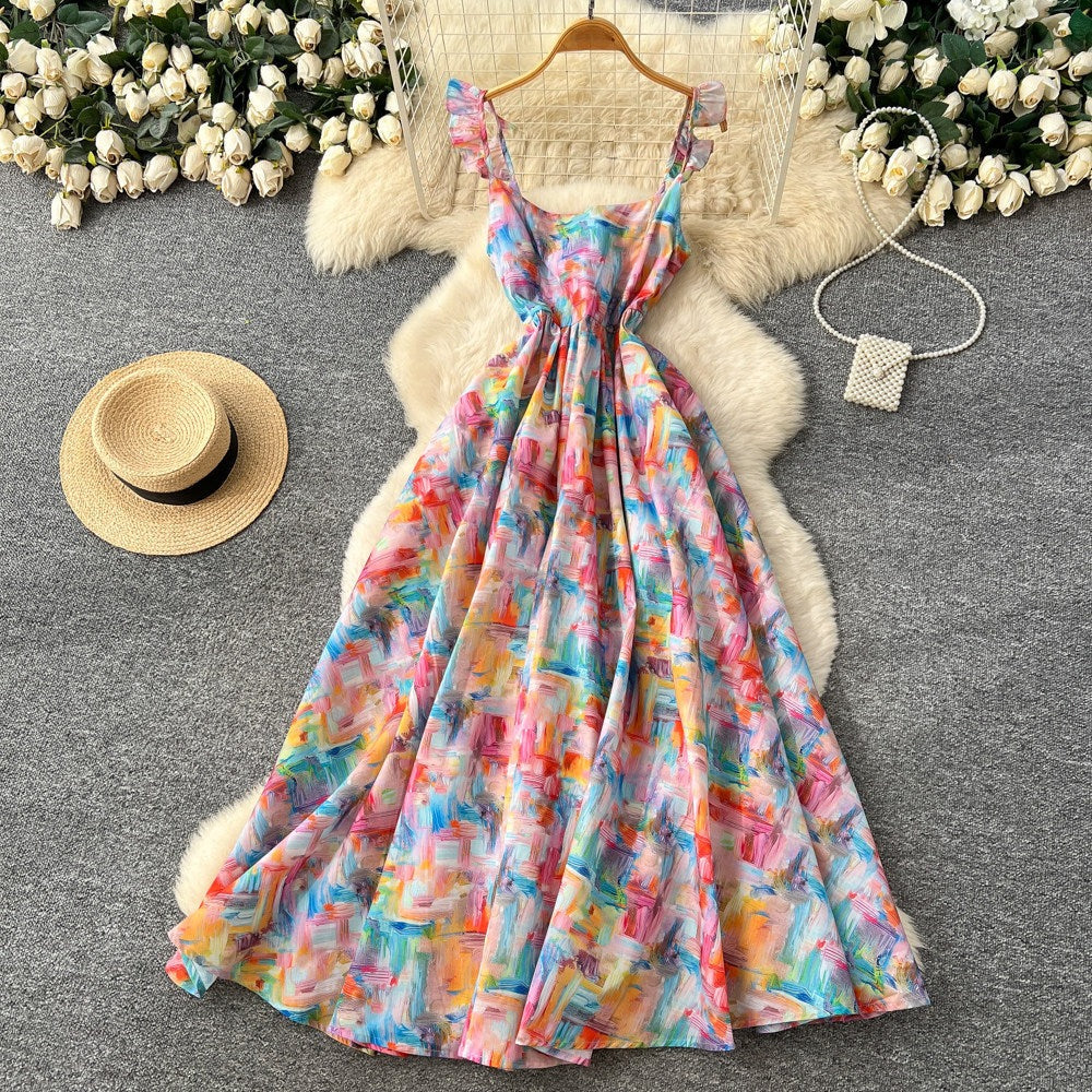 Floral Print Dress – V-Neck Adjustable Strap Midi, Spring-Summer Beach Vacation Sundress - suit color -