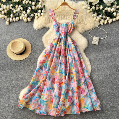 Floral Print Dress – V-Neck Adjustable Strap Midi, Spring-Summer Beach Vacation Sundress - suit color -