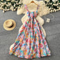 Floral Print Dress – V-Neck Adjustable Strap Midi, Spring-Summer Beach Vacation Sundress - suit color -