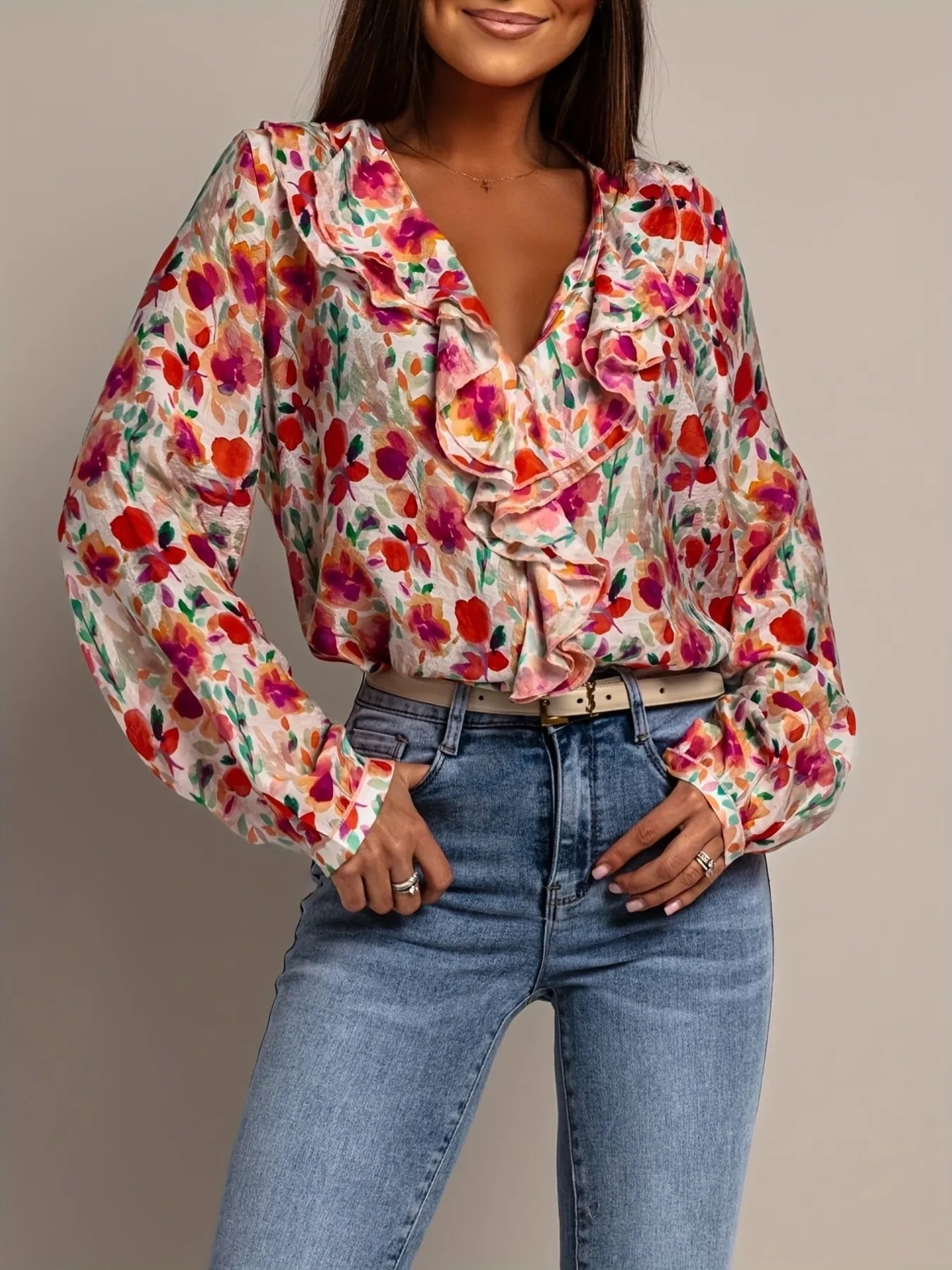 Floral Print Ruffle V-Neck Long Sleeve Blouse - Floral -