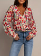 Floral Print Ruffle V-Neck Long Sleeve Blouse - Floral -