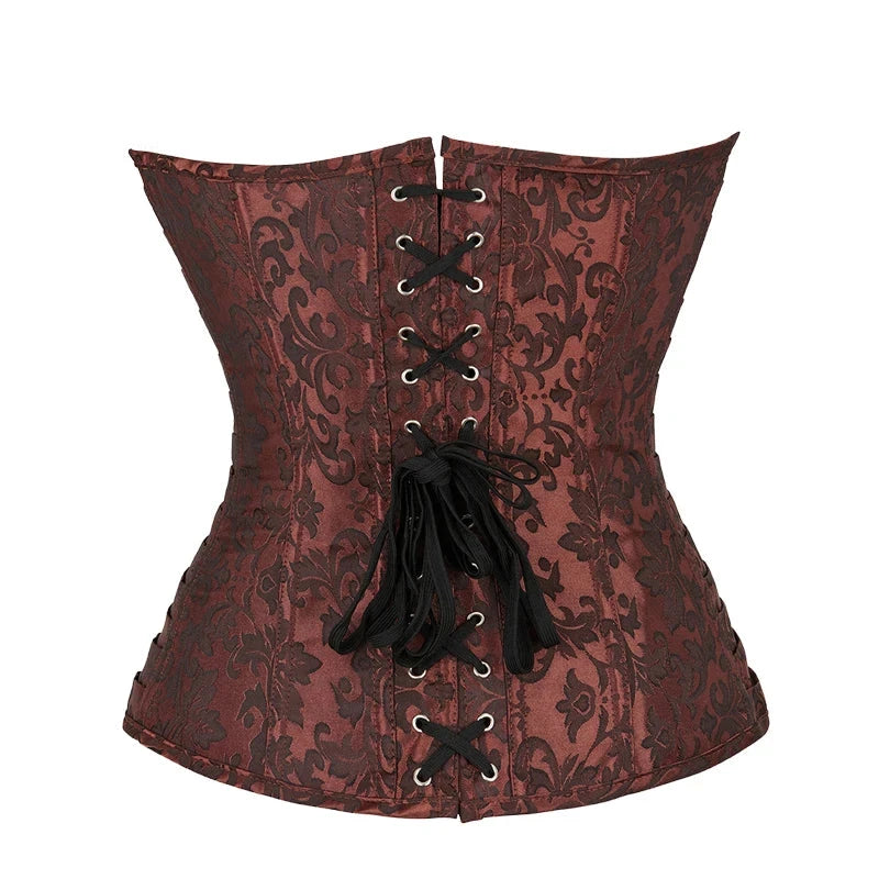 Classic Floral Printing Corset Brown 12 Steel Boned Faux Leather Brocade Corset