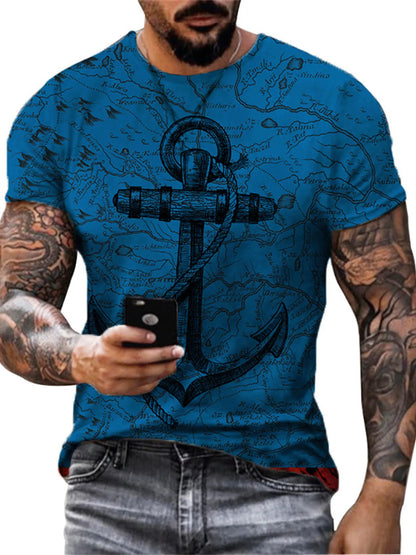 Men's Full Size Artistic Compass Graphic Round Neck T-Shirt Plus Size - Navy -