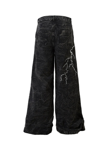 Men's Lightning Pattern Wide Leg Jeans - -