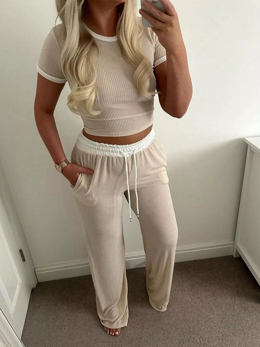 Contrast Trim Top and Pants Set - - pants set