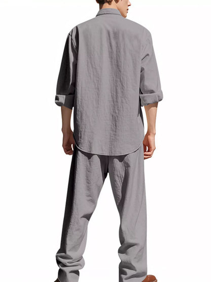 Men's Full Size Button Up Long Sleeve Shirt and Pants Plus Size - -