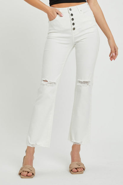 RISEN High Rise Button Fly White Denim Straight Leg Jeans - White - jeans