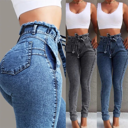 Denim Jeans Solid Color High Waist Long Pencil Pants Slim Jeans