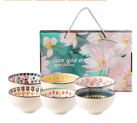 Colorful Ceramic Rice Bowl and Plate Set One Set - 6pcs gift box - bowls