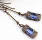 Long Vintage Gemstone Dangle Earrings in Antique Bronze - Blue - earrings