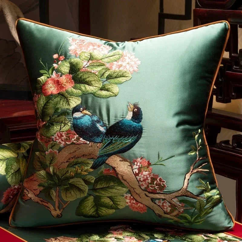 Embroidered Magpies Silk‑Like Pillowcase – Asian Home Decor 18" × 18" - - Pillowcases