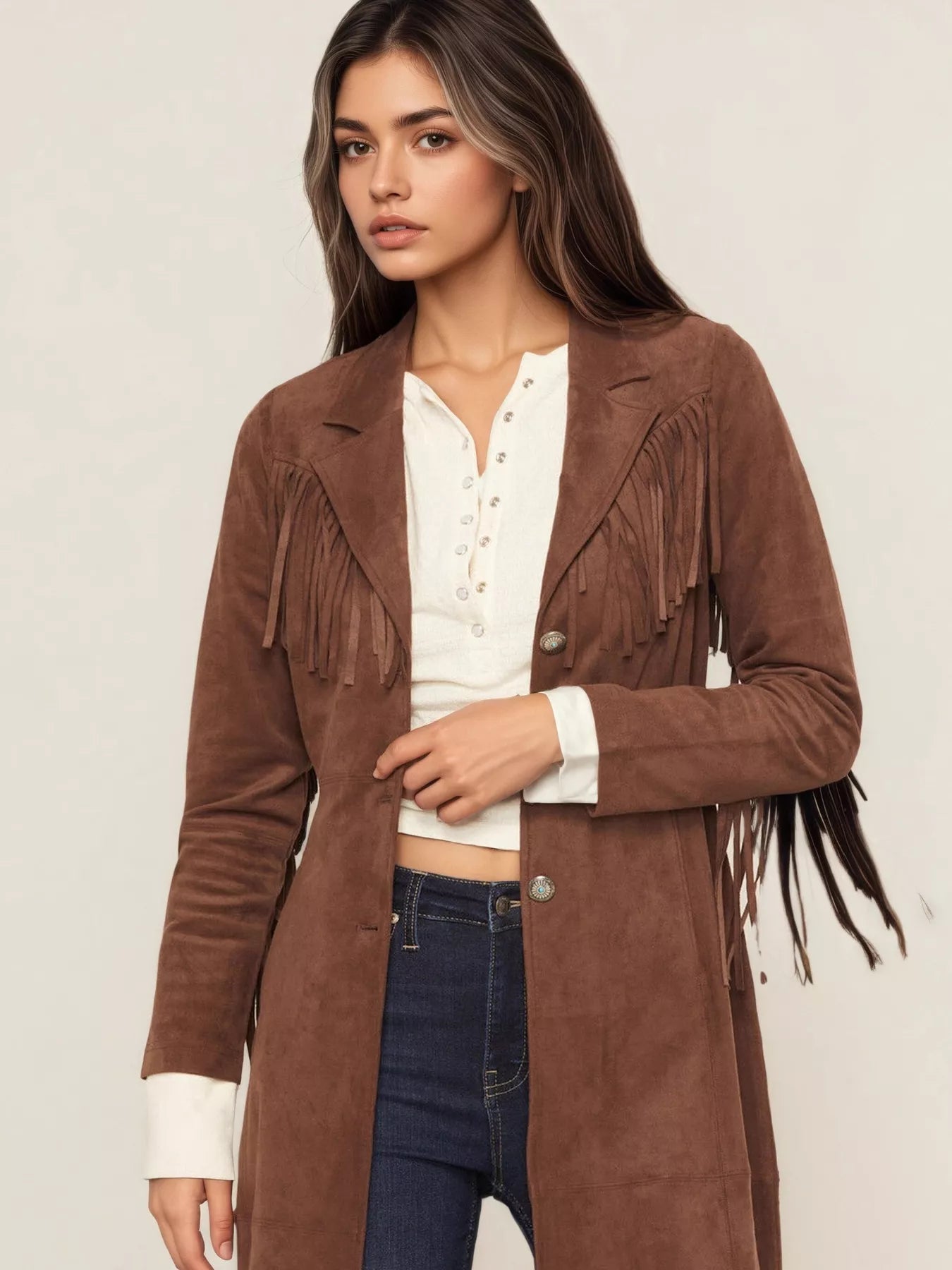 Fringe Lapel Collar Long Sleeve Coat - -