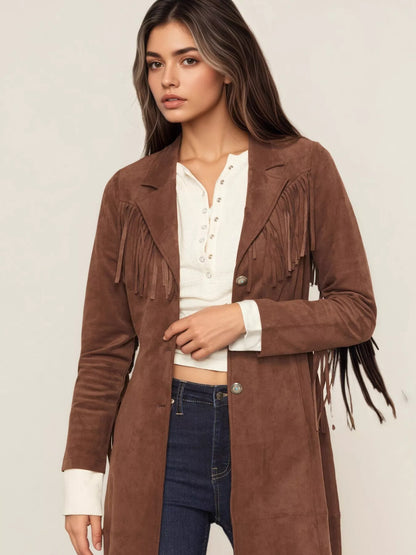 Fringe Lapel Collar Long Sleeve Coat - -