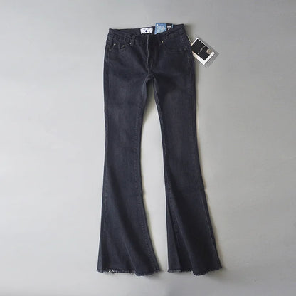 5 Color Mid Waist Flare Pants Women Retro Denim Jeans Dark Gray