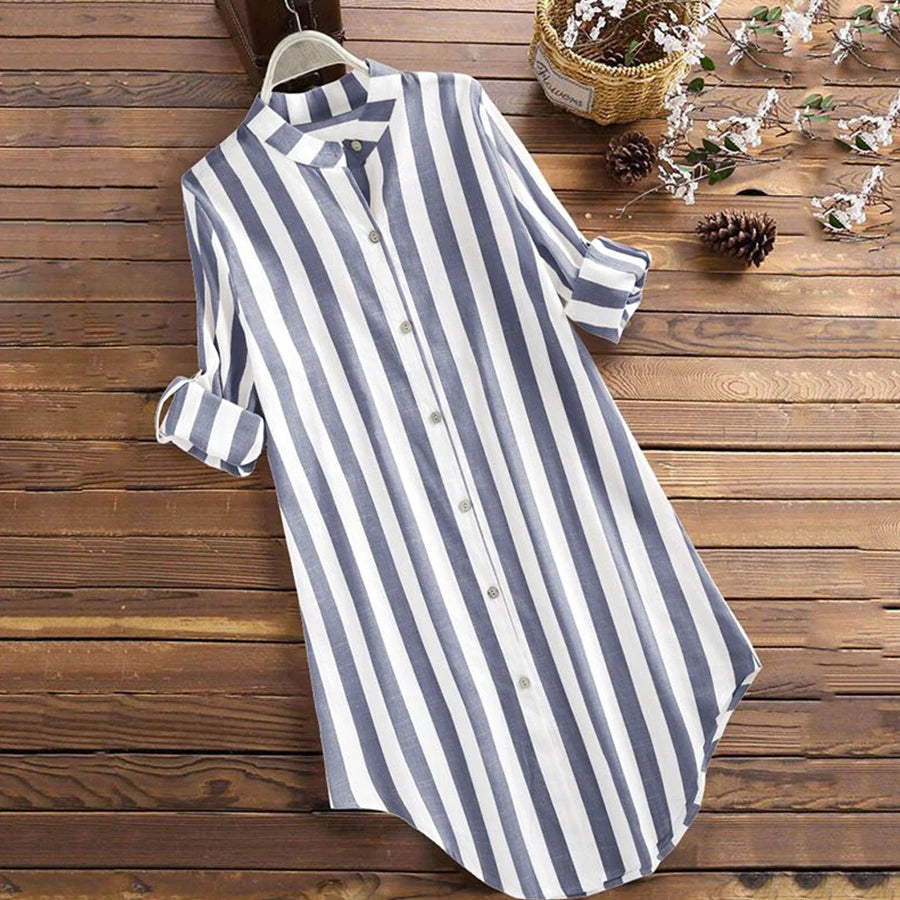 Long Style Striped Blouse Loose Long Sleeve Lapel Button Casual Shirt