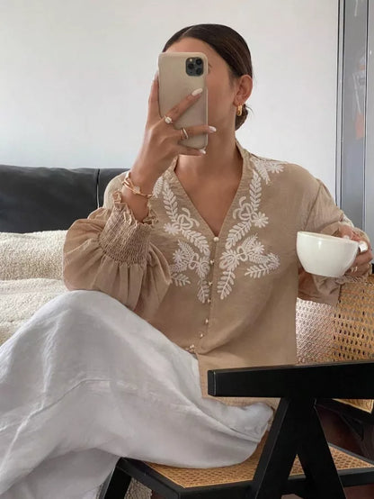 Embroidered Notched Long Sleeve Blouse - -