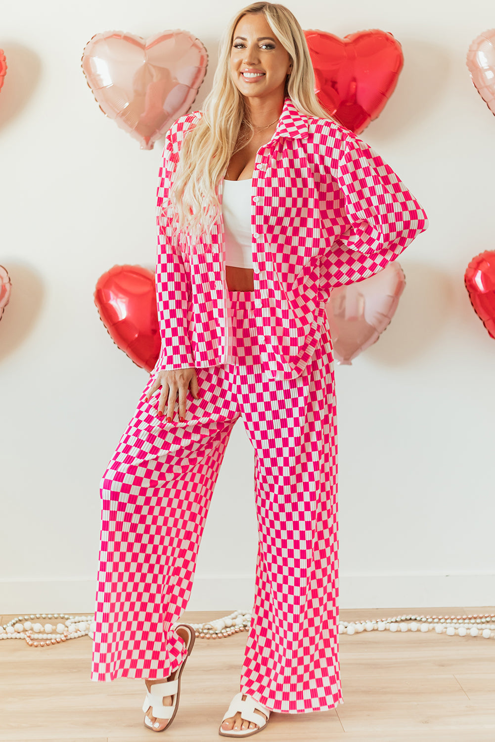 Pink Checkered Buttoned Shirt and High Waist Pants Pajama Set - Pink 100%Polyester - Loungewear & Sleepwear/Sleepwear