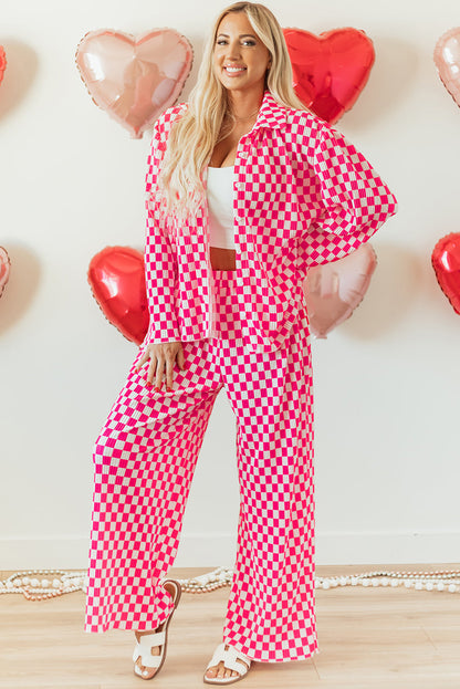 Pink Checkered Buttoned Shirt and High Waist Pants Pajama Set - Pink 100%Polyester - Loungewear & Sleepwear/Sleepwear