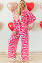 Pink Checkered Buttoned Shirt and High Waist Pants Pajama Set - Pink 100%Polyester - Loungewear & Sleepwear/Sleepwear