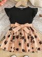 Children's Floral Print Mesh Bowknot Toddler Dress - Orange -