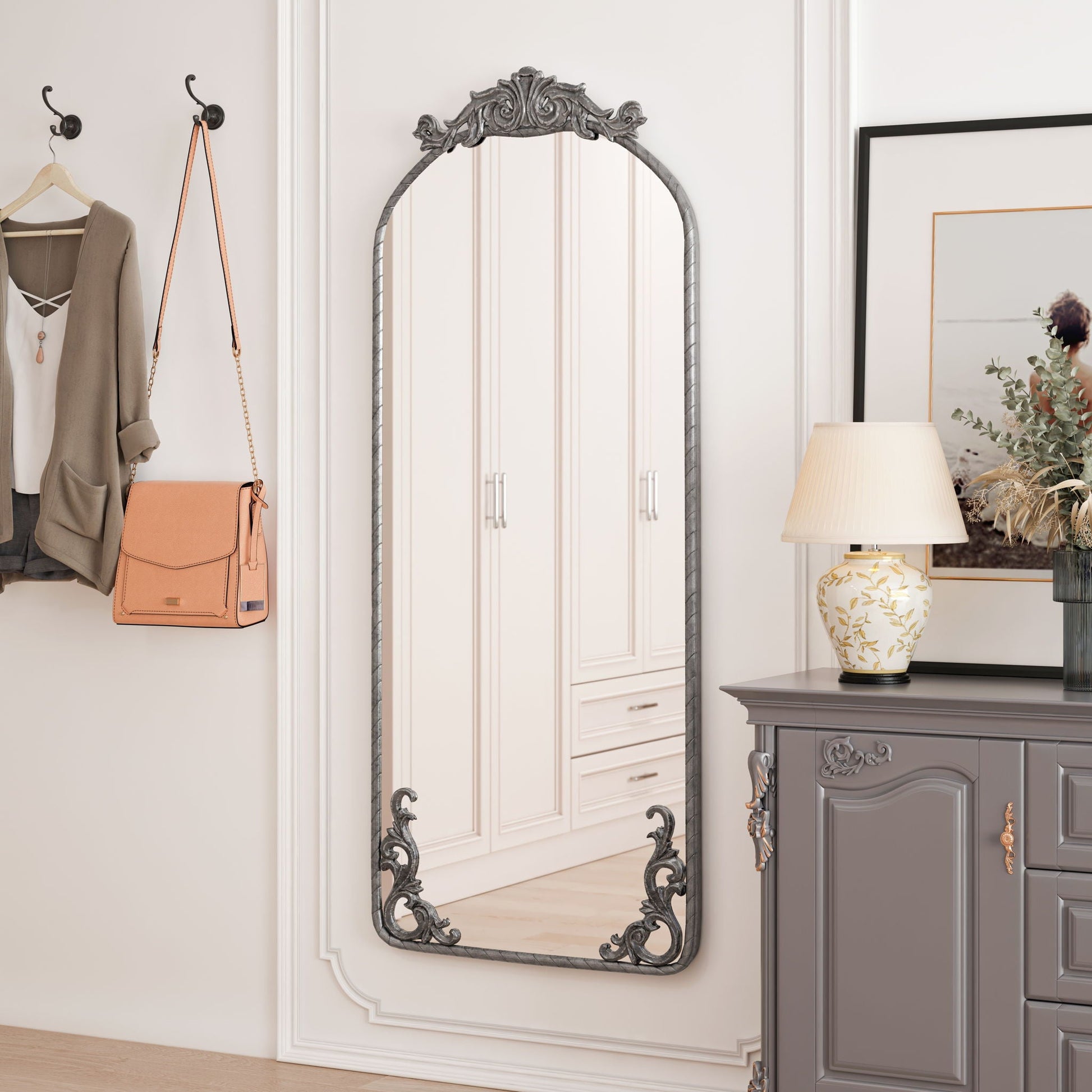 Full Body Arched Mirror With Vintage Carved Applique - - Wall Mirrors
