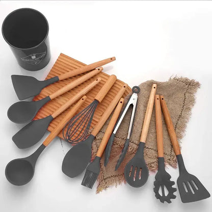 12pcs Silicone Kitchen Utensil Set Wooden Handle Silicone Cooking Tools