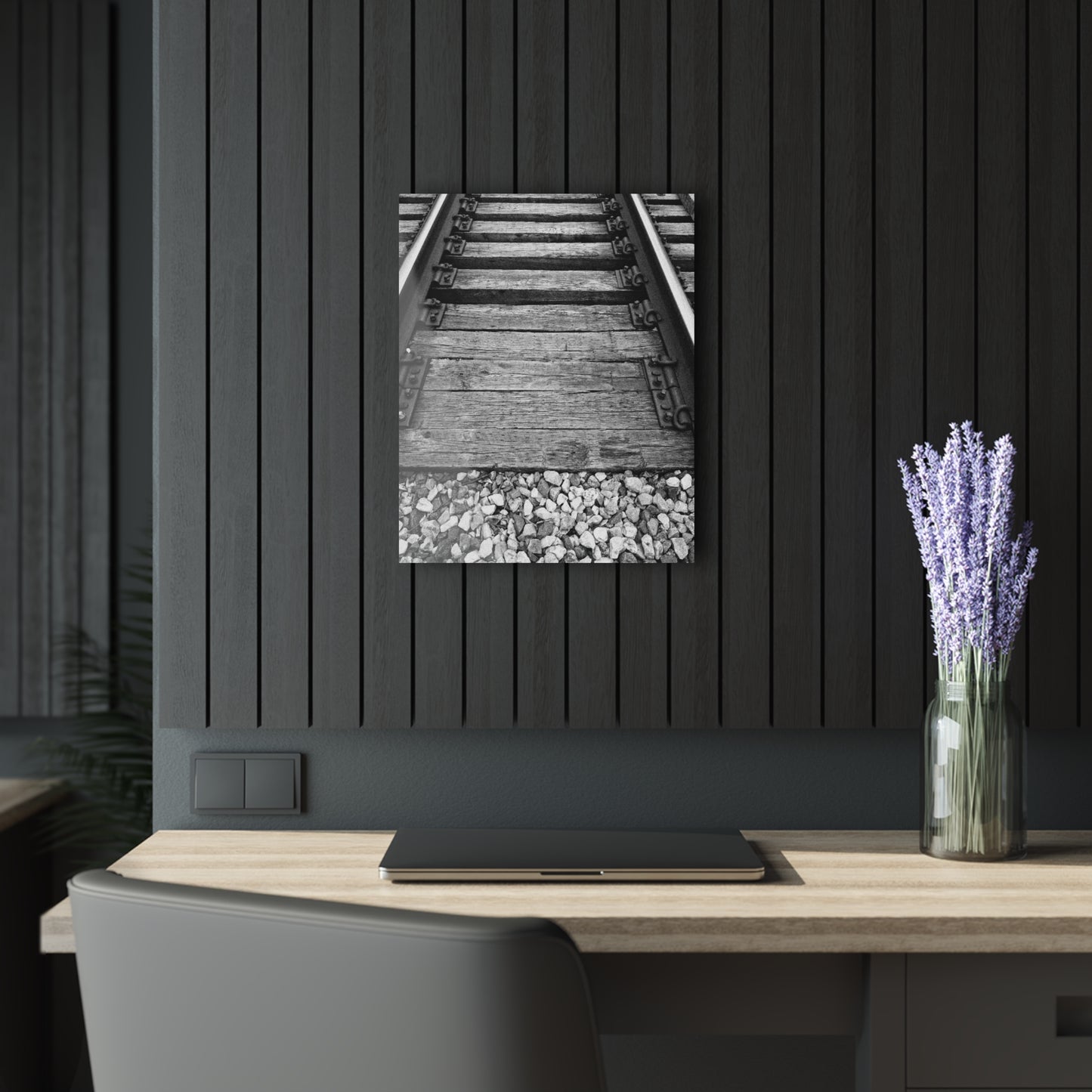 Railroad Track Black & White Acrylic Print — Vintage Track Photography Wall Art French Cleat Hanging - 16″ x 20″ (Vertical) 0.25'' - Home Decor