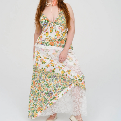 Womens Printed Halter Patchwork Hem Long Dresses - - dress