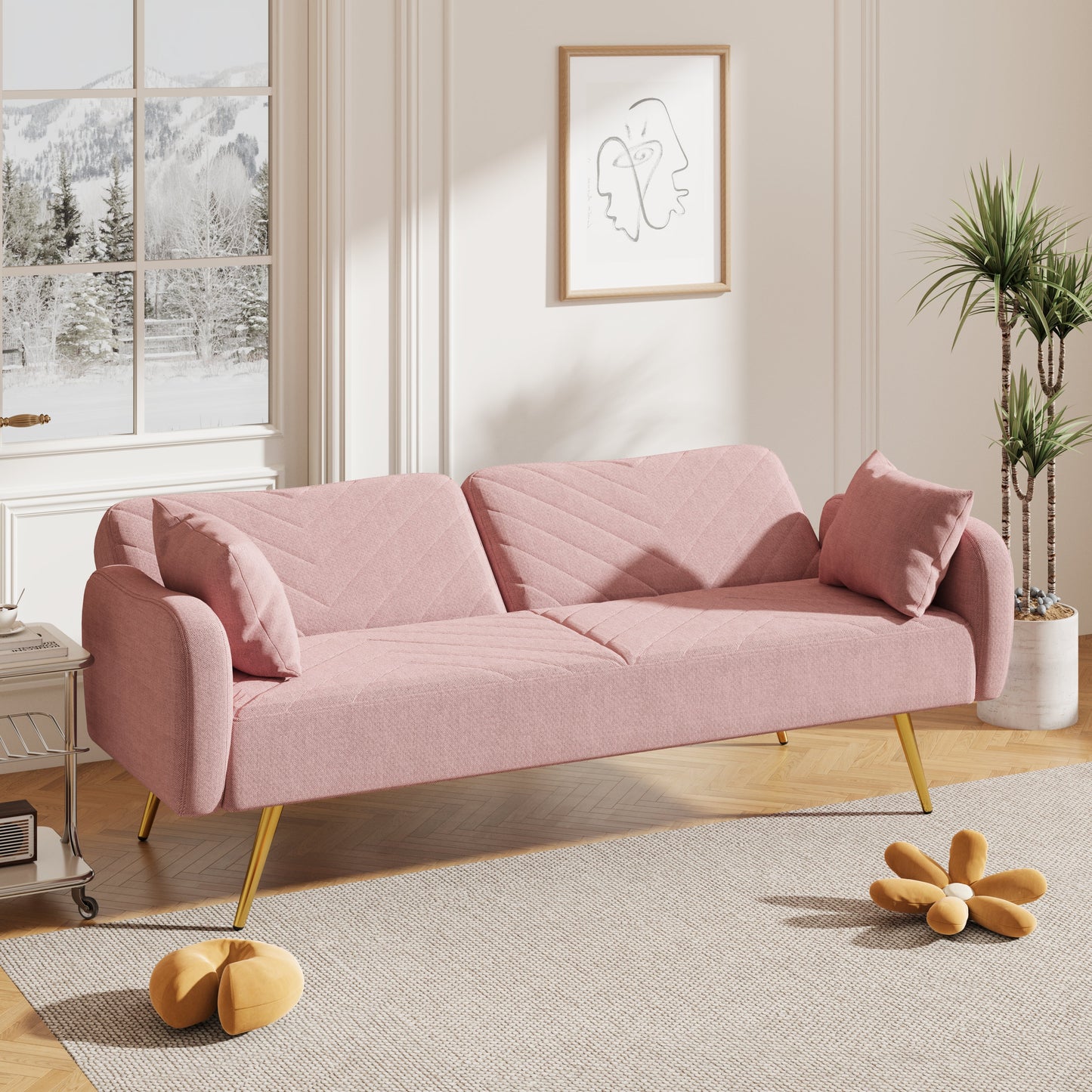 70.47" Pink Fabric Double Sofa with Split Backrest and Two Throw Pillows- V.I.P Digital Presence- {{Product type}}
