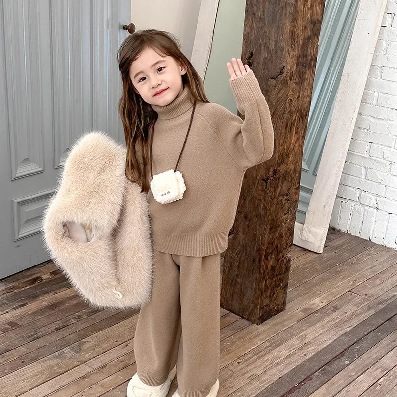 Girls Turtleneck Solid Color Sweater and Pants Set