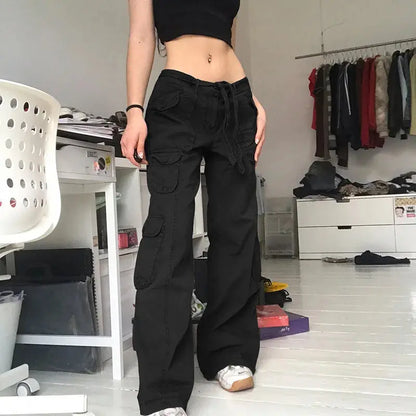 Y2K Pockets Cargo Pants Straight Oversize Pants Low Waist Wide Leg Baggy Jeans Black