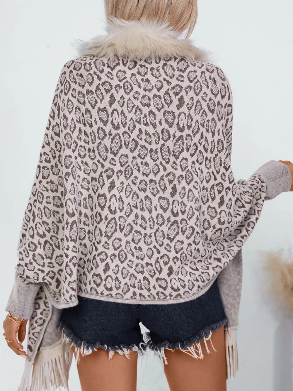 Fringe Leopard Open Front Long Sleeve Poncho - -