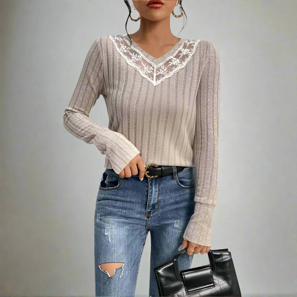 Lace V-Neck Vertical Stripe Long Sleeve Top