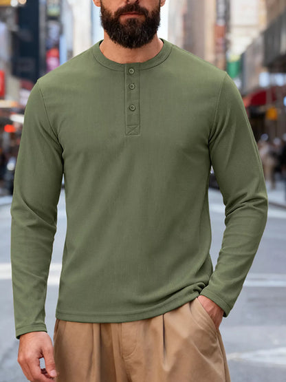 Men's Full Size Casual Long Sleeve Henley T-Shirt Plus Size - Bean Green -