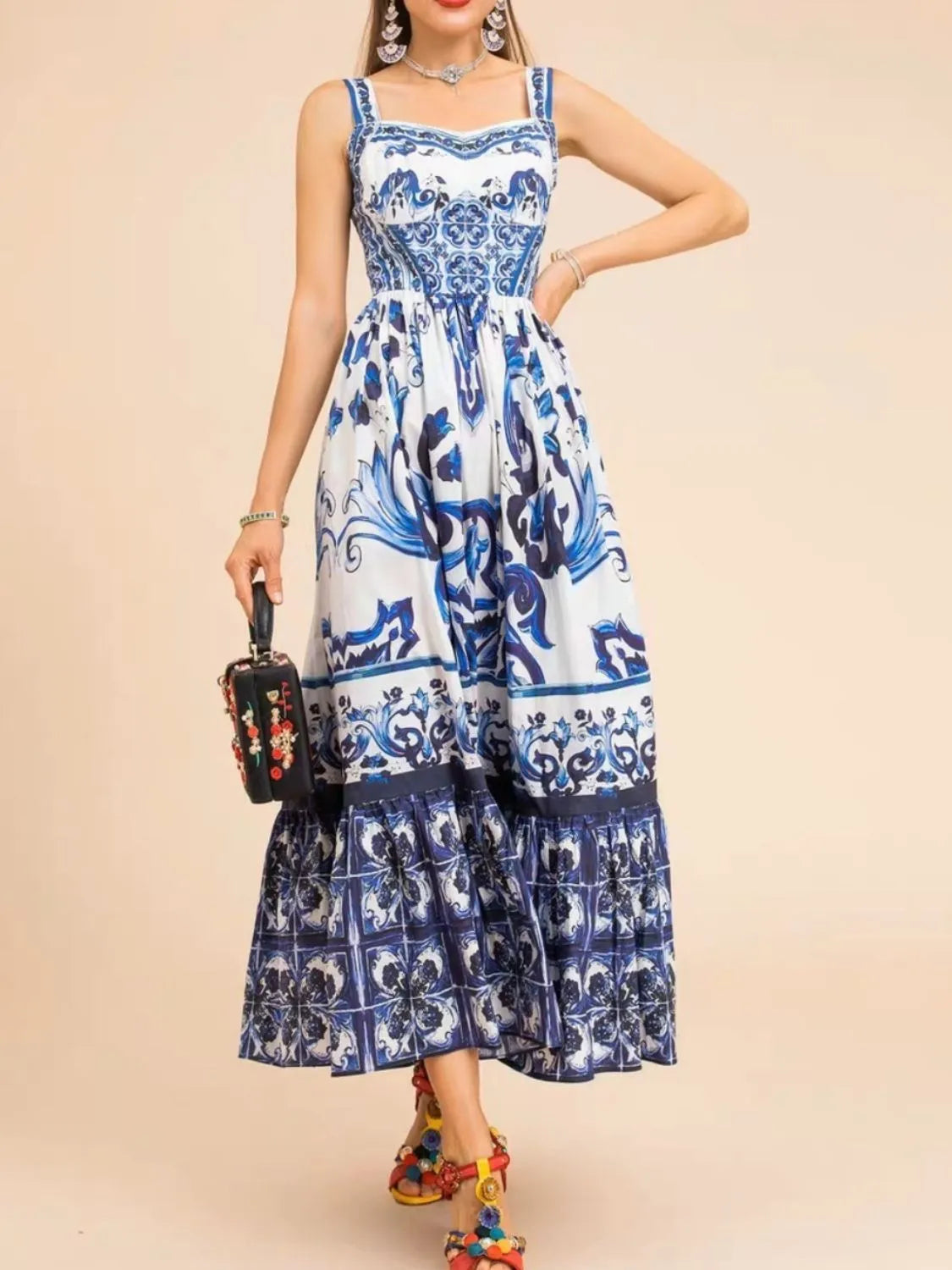 Smocked Printed Wide Strap Dress - -