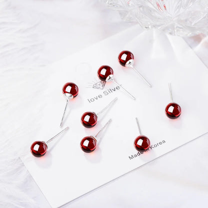 Red Garnet Stone Stud Earrings Small Round Ball Earrings for Women