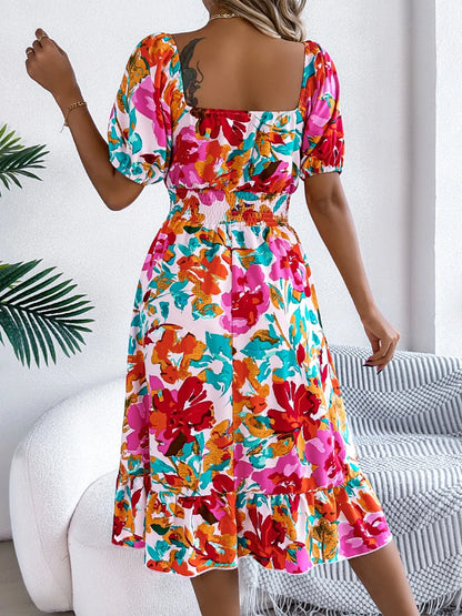 Ruffled Hem Smocked Floral Short Sleeve Midi Dress - -